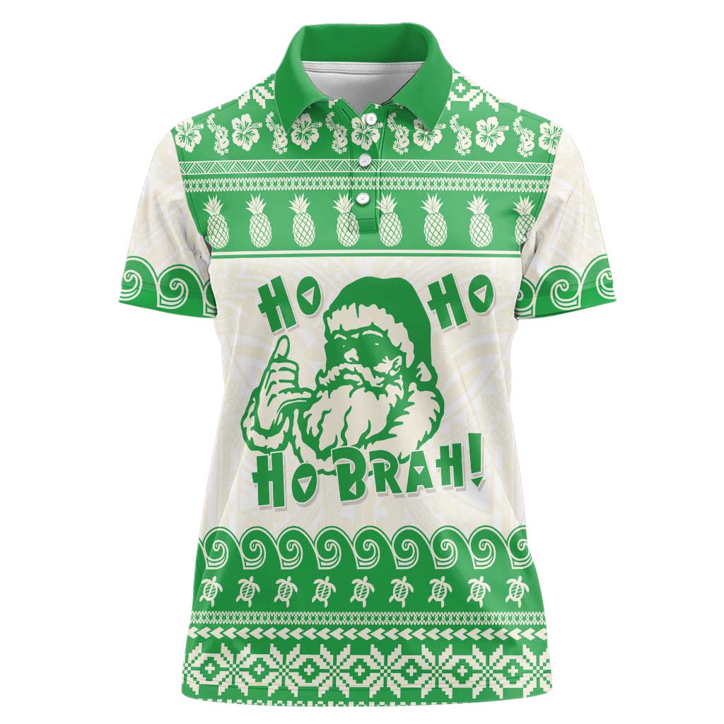 Green Mele Kalikimaka Hawaii Women Polo Shirt Funny Ho Ho Ho Santa Shaka - Polynesian Pride