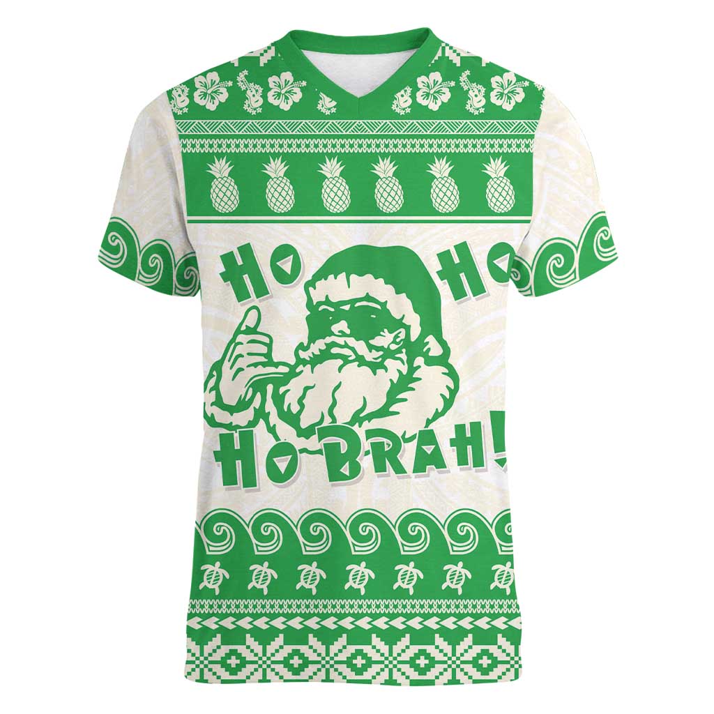 Green Mele Kalikimaka Hawaii Women V-Neck T-Shirt Funny Ho Ho Ho Santa Shaka LT14 Female Green - Polynesian Pride