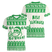 Green Mele Kalikimaka Hawaii Women V-Neck T-Shirt Funny Ho Ho Ho Santa Shaka LT14 - Polynesian Pride