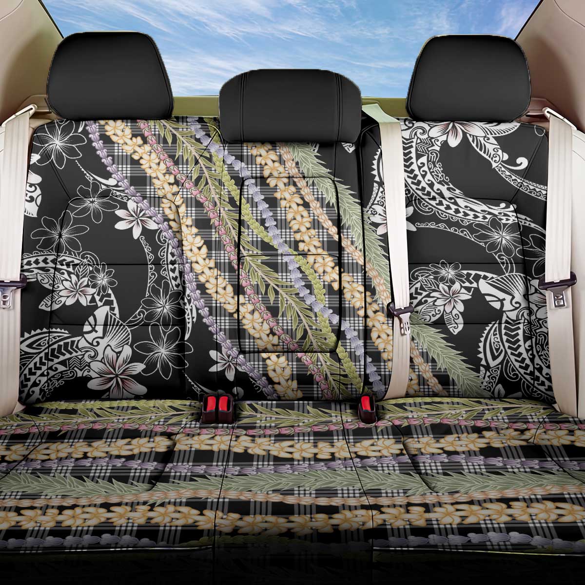 Black Palaka Hawaii Leis Back Car Seat Cover Hawaiian-plaid Elegant Tropical Vibes LT14 One Size Black - Polynesian Pride