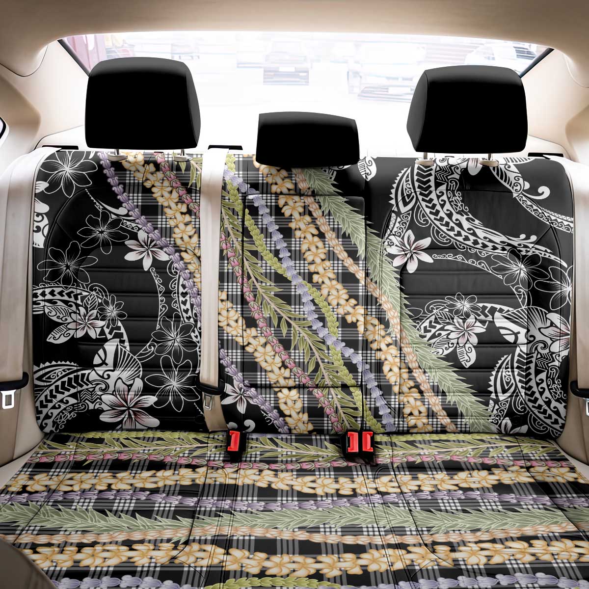 Black Palaka Hawaii Leis Back Car Seat Cover Hawaiian-plaid Elegant Tropical Vibes LT14 - Polynesian Pride