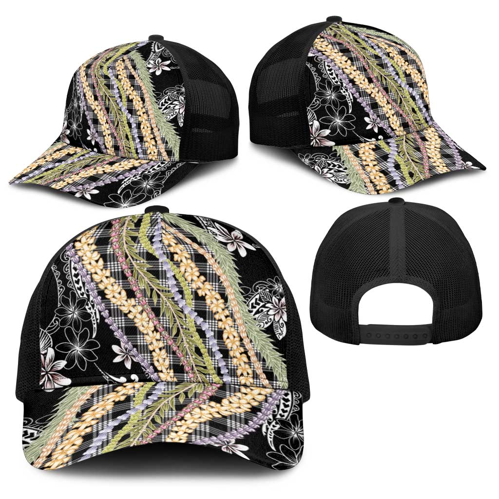 Black Palaka Hawaii Leis Baseball Net Cap Hawaiian-plaid Elegant Tropical Vibes - Polynesian Pride