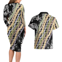 Black Palaka Hawaii Leis Couples Matching Long Sleeve Bodycon Dress and Hawaiian Shirt Hawaiian-plaid Elegant Tropical Vibes LT14 - Polynesian Pride