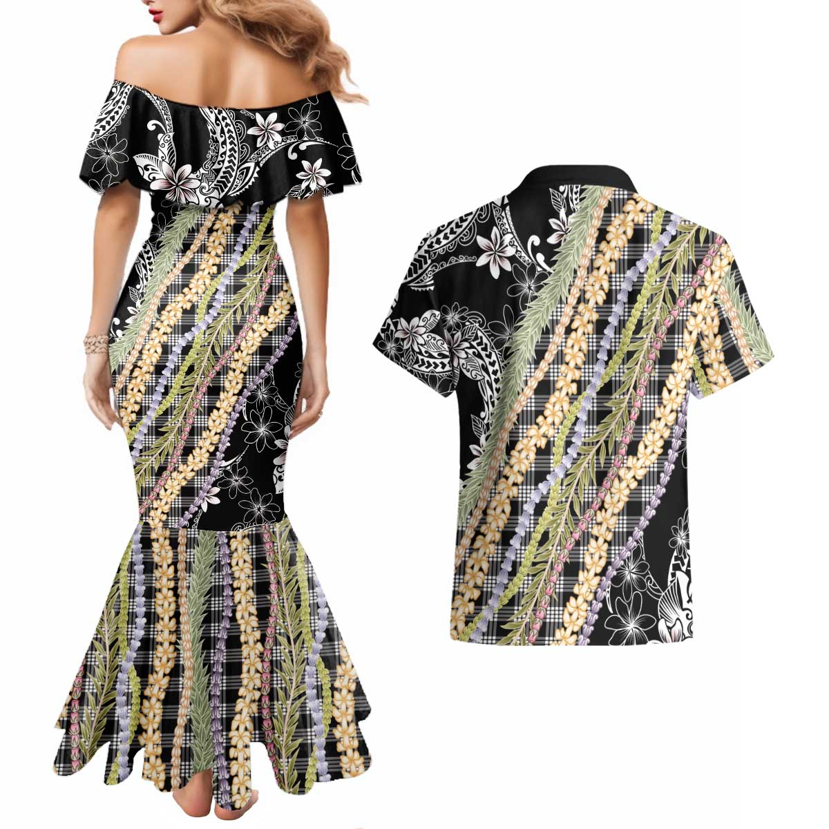 Black Palaka Hawaii Leis Couples Matching Mermaid Dress and Hawaiian Shirt Hawaiian-plaid Elegant Tropical Vibes - Polynesian Pride