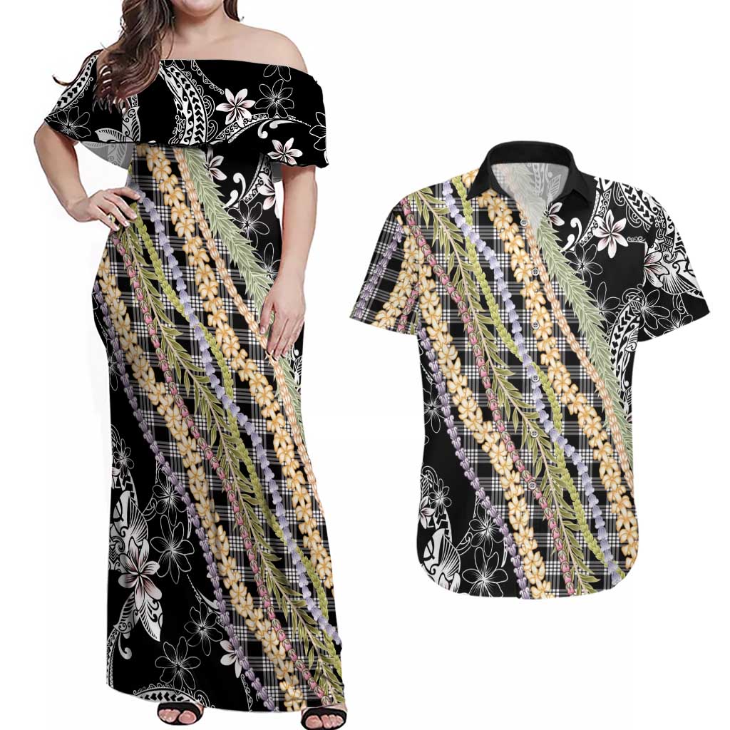 Black Palaka Hawaii Leis Couples Matching Off Shoulder Maxi Dress and Hawaiian Shirt Hawaiian-plaid Elegant Tropical Vibes - Polynesian Pride