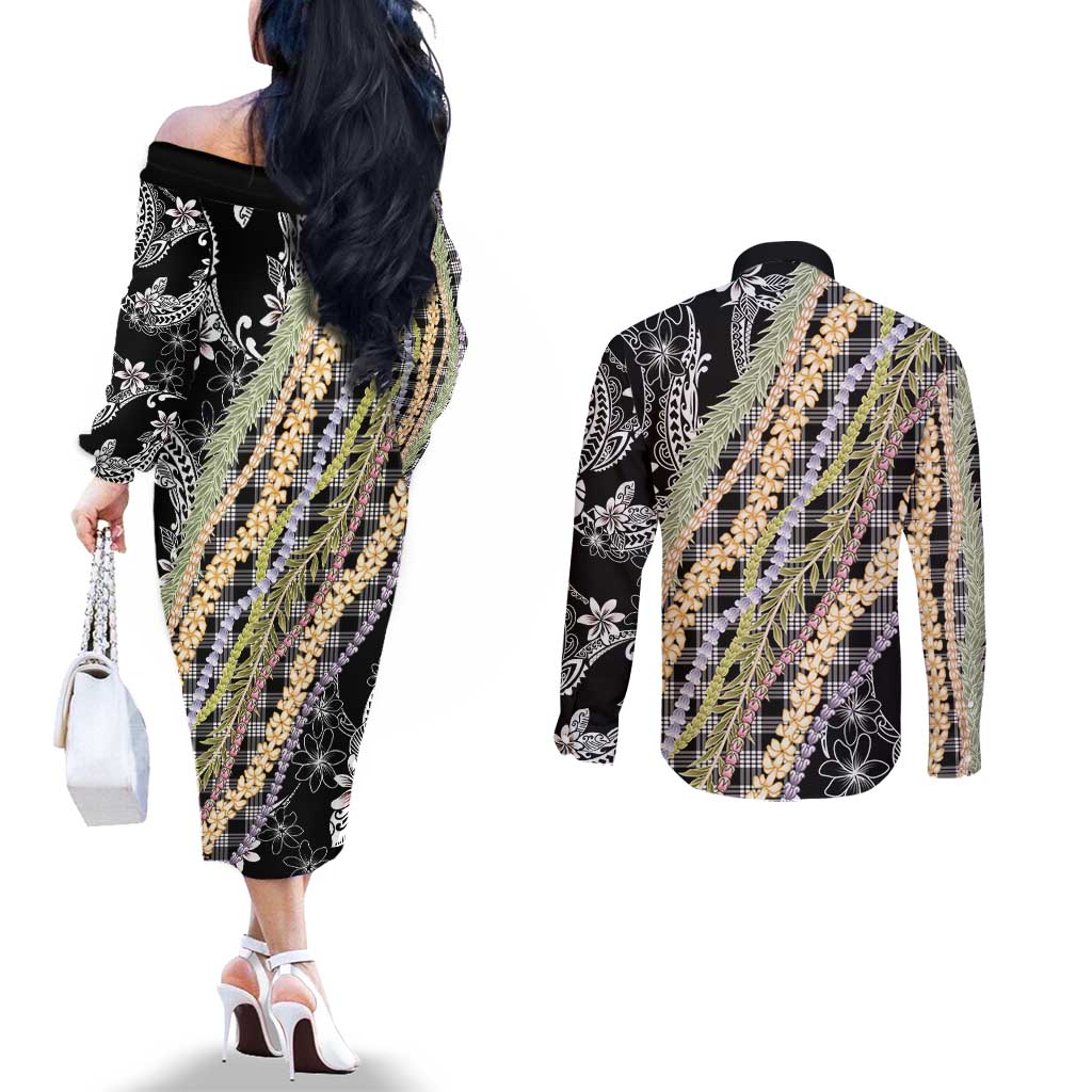 Black Palaka Hawaii Leis Couples Matching Off The Shoulder Long Sleeve Dress and Long Sleeve Button Shirt Hawaiian-plaid Elegant Tropical Vibes - Polynesian Pride