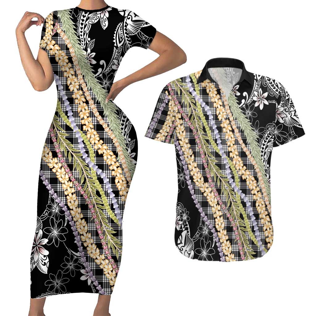Black Palaka Hawaii Leis Couples Matching Short Sleeve Bodycon Dress and Hawaiian Shirt Hawaiian-plaid Elegant Tropical Vibes LT14 Black - Polynesian Pride