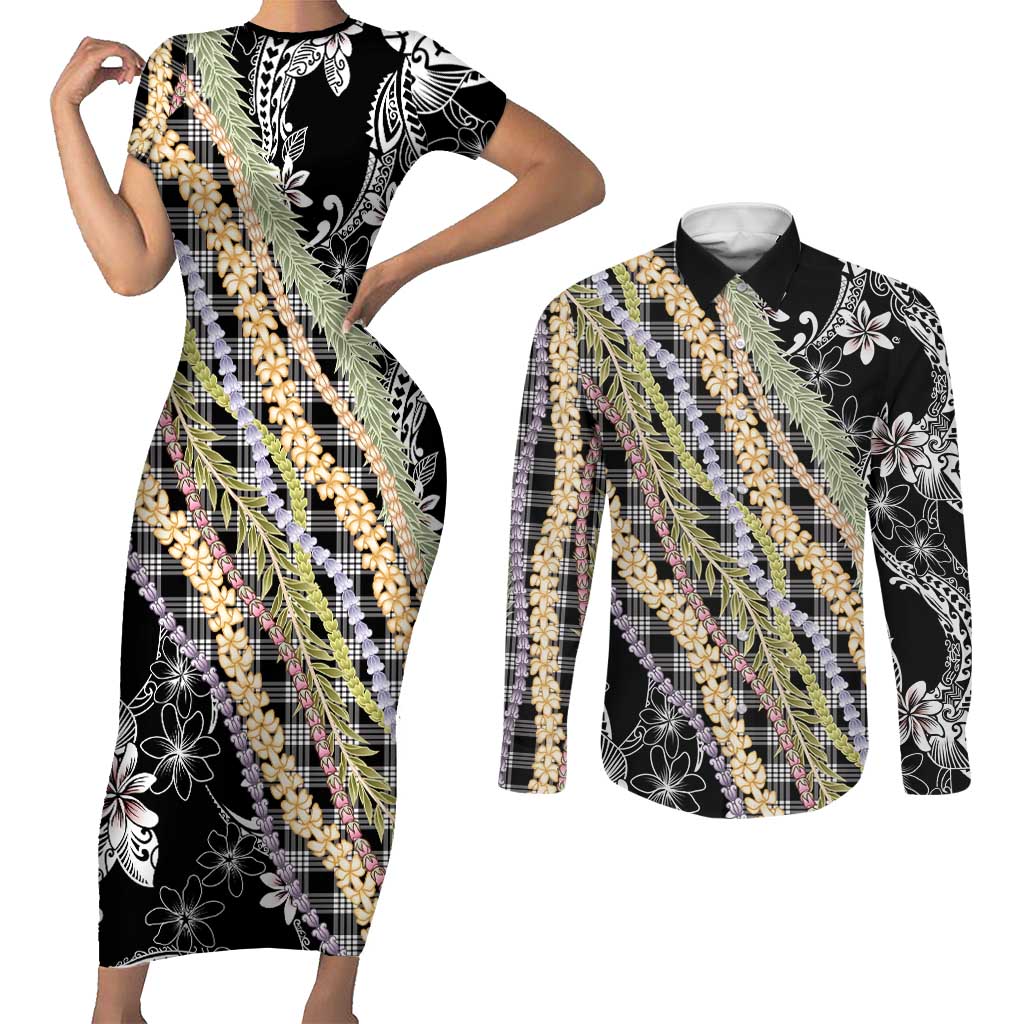 Black Palaka Hawaii Leis Couples Matching Short Sleeve Bodycon Dress and Long Sleeve Button Shirt Hawaiian-plaid Elegant Tropical Vibes - Polynesian Pride