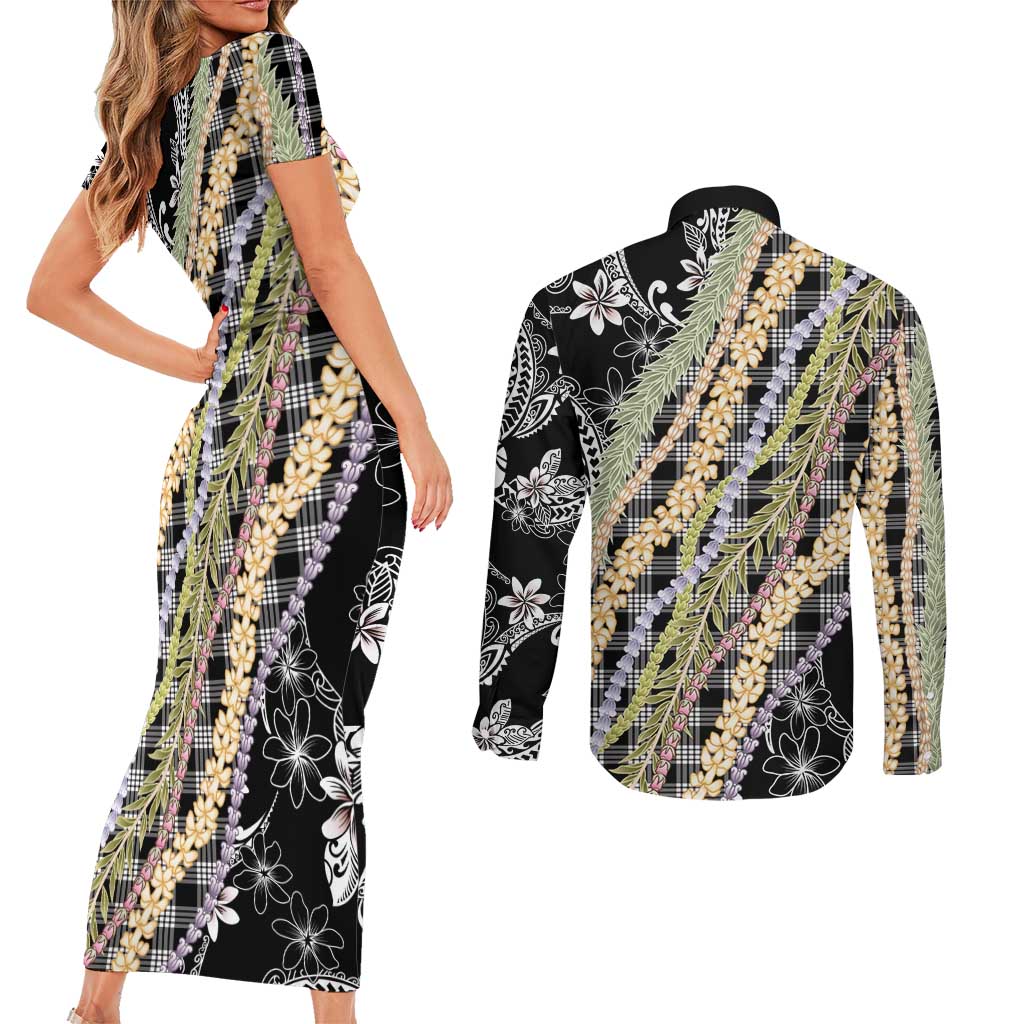 Black Palaka Hawaii Leis Couples Matching Short Sleeve Bodycon Dress and Long Sleeve Button Shirt Hawaiian-plaid Elegant Tropical Vibes - Polynesian Pride
