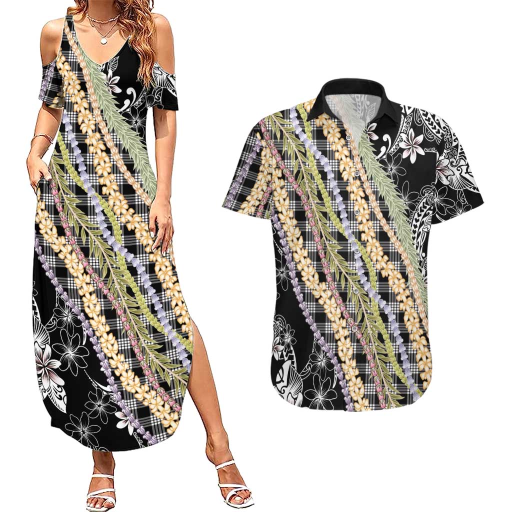 Black Palaka Hawaii Leis Couples Matching Summer Maxi Dress and Hawaiian Shirt Hawaiian-plaid Elegant Tropical Vibes - Polynesian Pride