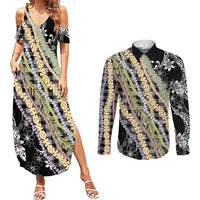 Black Palaka Hawaii Leis Couples Matching Summer Maxi Dress and Long Sleeve Button Shirt Hawaiian-plaid Elegant Tropical Vibes - Polynesian Pride