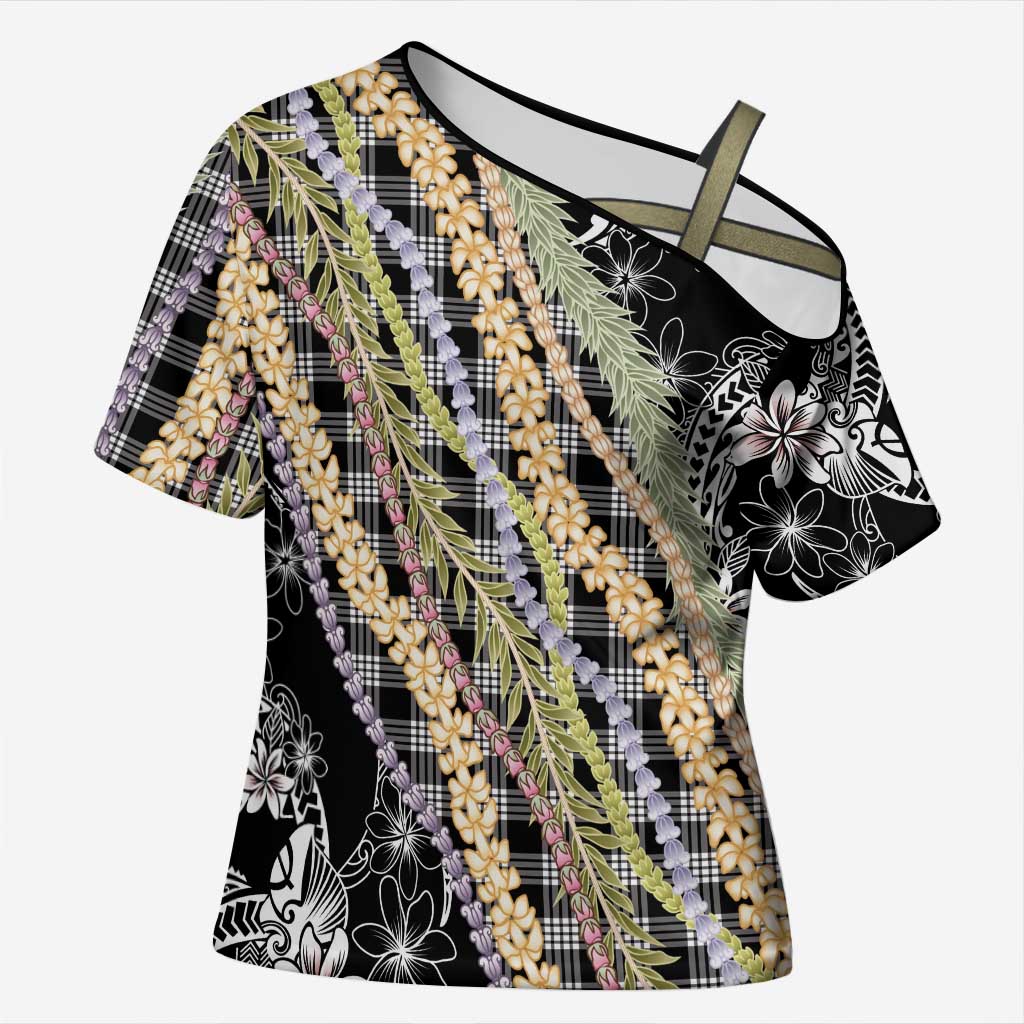 Black Palaka Hawaii Leis Cross Shoulder Shirt Hawaiian-plaid Elegant Tropical Vibes - Polynesian Pride