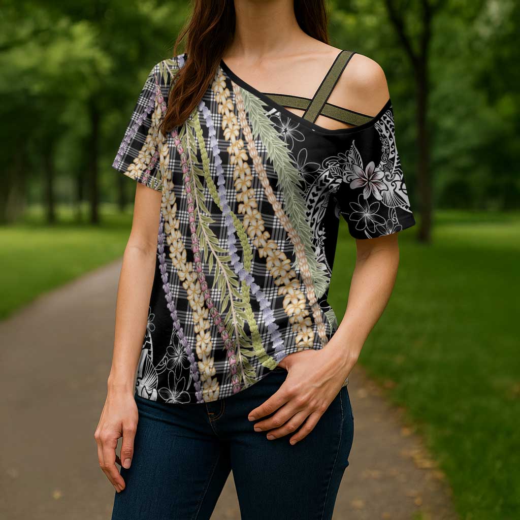 Black Palaka Hawaii Leis Cross Shoulder Shirt Hawaiian-plaid Elegant Tropical Vibes - Polynesian Pride