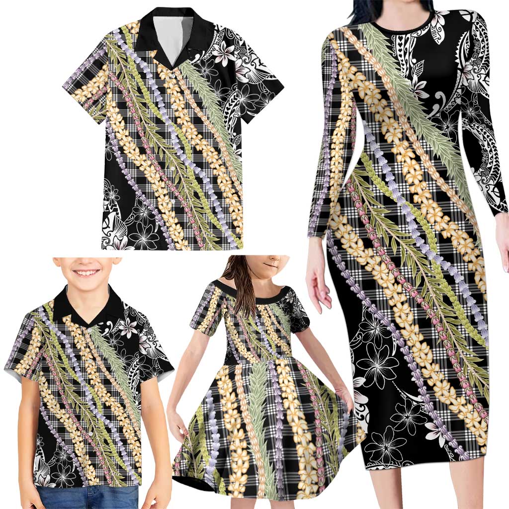 Black Palaka Hawaii Leis Family Matching Long Sleeve Bodycon Dress and Hawaiian Shirt Hawaiian-plaid Elegant Tropical Vibes LT14 - Polynesian Pride
