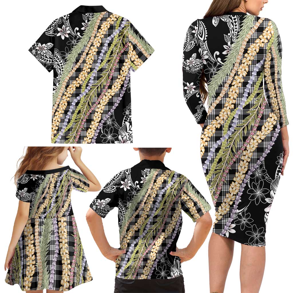 Black Palaka Hawaii Leis Family Matching Long Sleeve Bodycon Dress and Hawaiian Shirt Hawaiian-plaid Elegant Tropical Vibes LT14 - Polynesian Pride