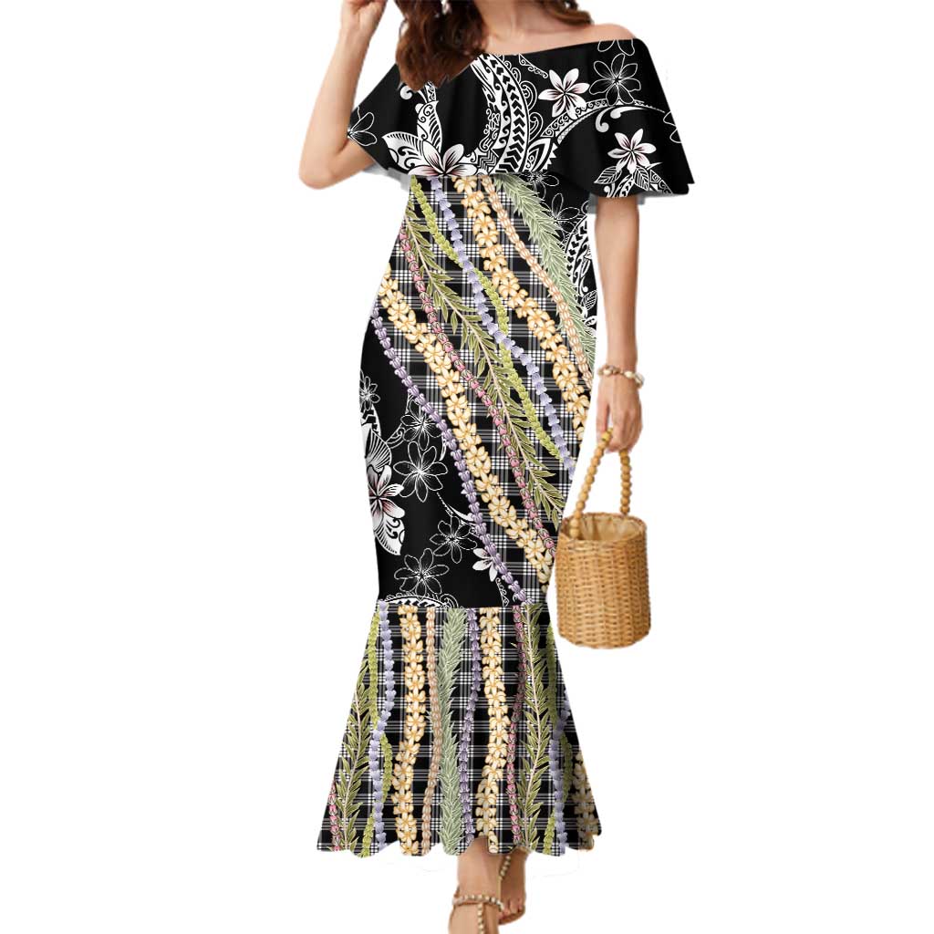 Black Palaka Hawaii Leis Family Matching Mermaid Dress and Hawaiian Shirt Hawaiian-plaid Elegant Tropical Vibes LT14 Mom's Dress Black - Polynesian Pride
