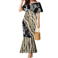 Black Palaka Hawaii Leis Family Matching Mermaid Dress and Hawaiian Shirt Hawaiian-plaid Elegant Tropical Vibes LT14 Mom's Dress Black - Polynesian Pride