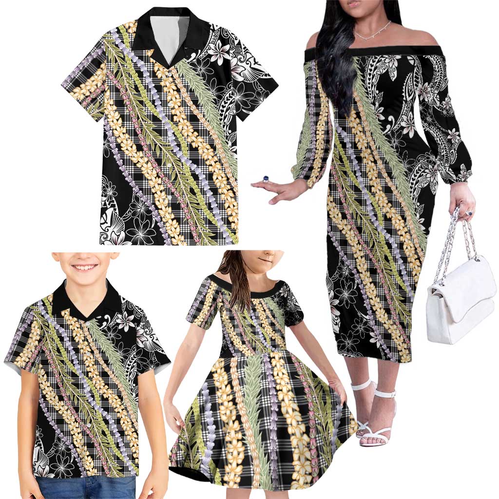 Black Palaka Hawaii Leis Family Matching Off The Shoulder Long Sleeve Dress and Hawaiian Shirt Hawaiian-plaid Elegant Tropical Vibes LT14 - Polynesian Pride
