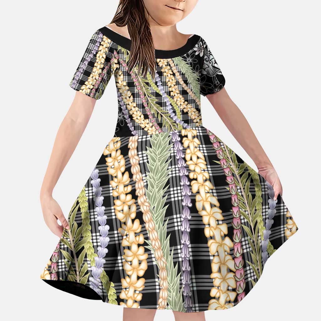 Black Palaka Hawaii Leis Family Matching Off Shoulder Maxi Dress and Hawaiian Shirt Hawaiian-plaid Elegant Tropical Vibes LT14 Daughter's Dress Black - Polynesian Pride