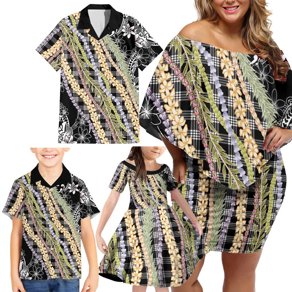 Black Palaka Hawaii Leis Family Matching Off Shoulder Short Dress and Hawaiian Shirt Hawaiian-plaid Elegant Tropical Vibes - Polynesian Pride