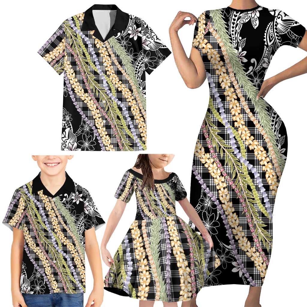 Black Palaka Hawaii Leis Family Matching Short Sleeve Bodycon Dress and Hawaiian Shirt Hawaiian-plaid Elegant Tropical Vibes LT14 - Polynesian Pride