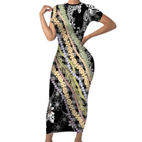 Black Palaka Hawaii Leis Family Matching Short Sleeve Bodycon Dress and Hawaiian Shirt Hawaiian-plaid Elegant Tropical Vibes LT14 Mom's Dress Black - Polynesian Pride