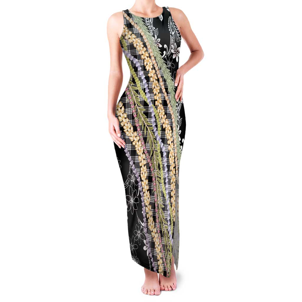 Black Palaka Hawaii Leis Family Matching Tank Maxi Dress and Hawaiian Shirt Hawaiian-plaid Elegant Tropical Vibes LT14 Mom's Dress Black - Polynesian Pride
