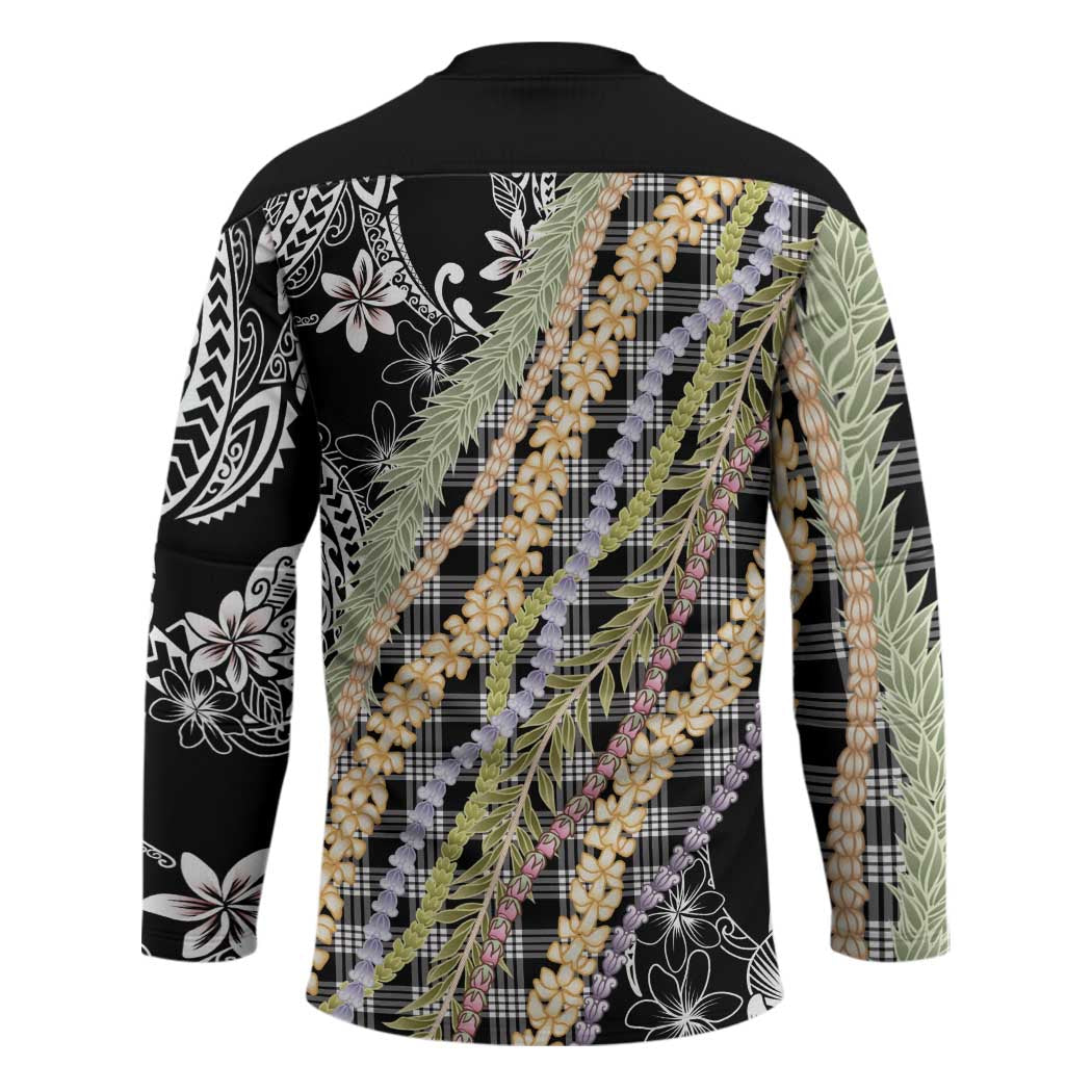 Black Palaka Hawaii Leis Hockey Jersey Hawaiian-plaid Elegant Tropical Vibes - Polynesian Pride