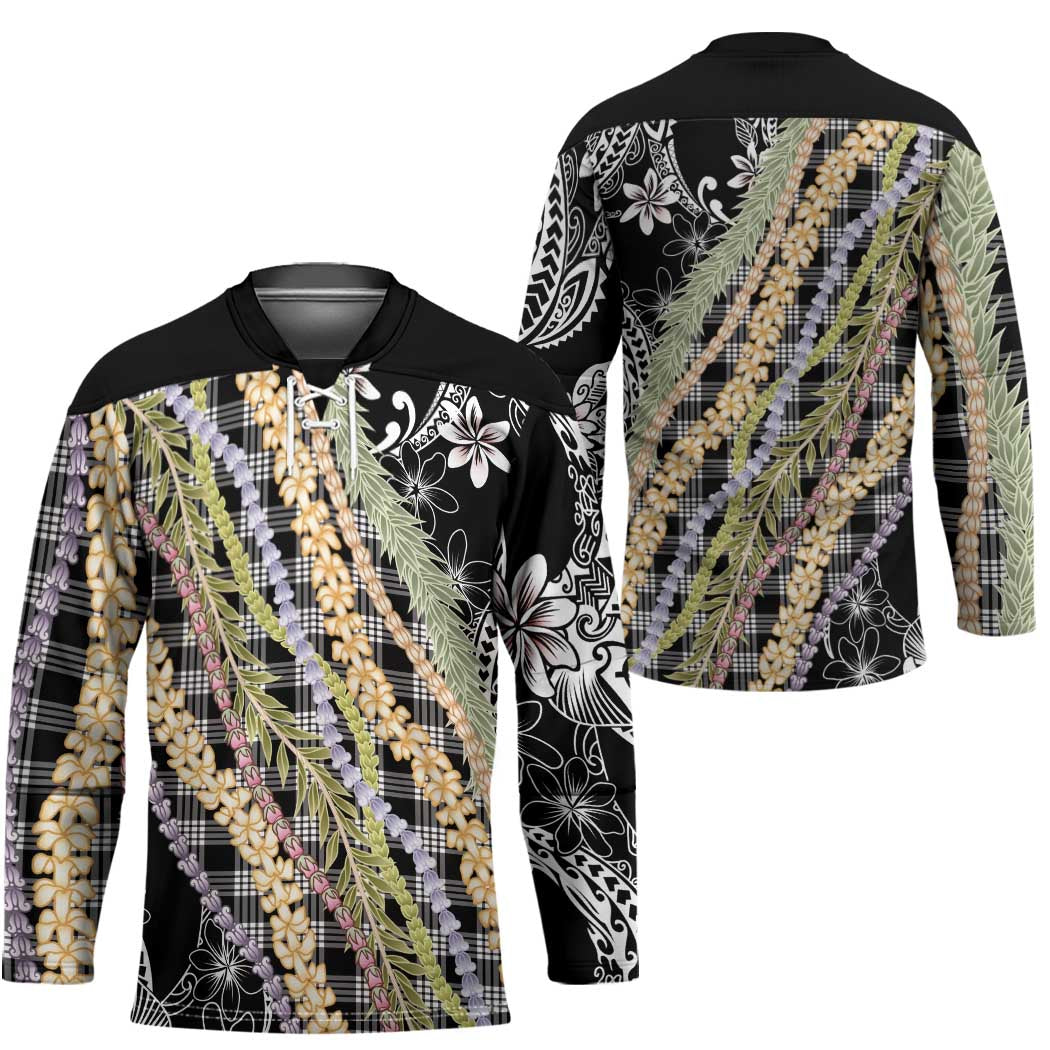 Black Palaka Hawaii Leis Hockey Jersey Hawaiian-plaid Elegant Tropical Vibes - Polynesian Pride