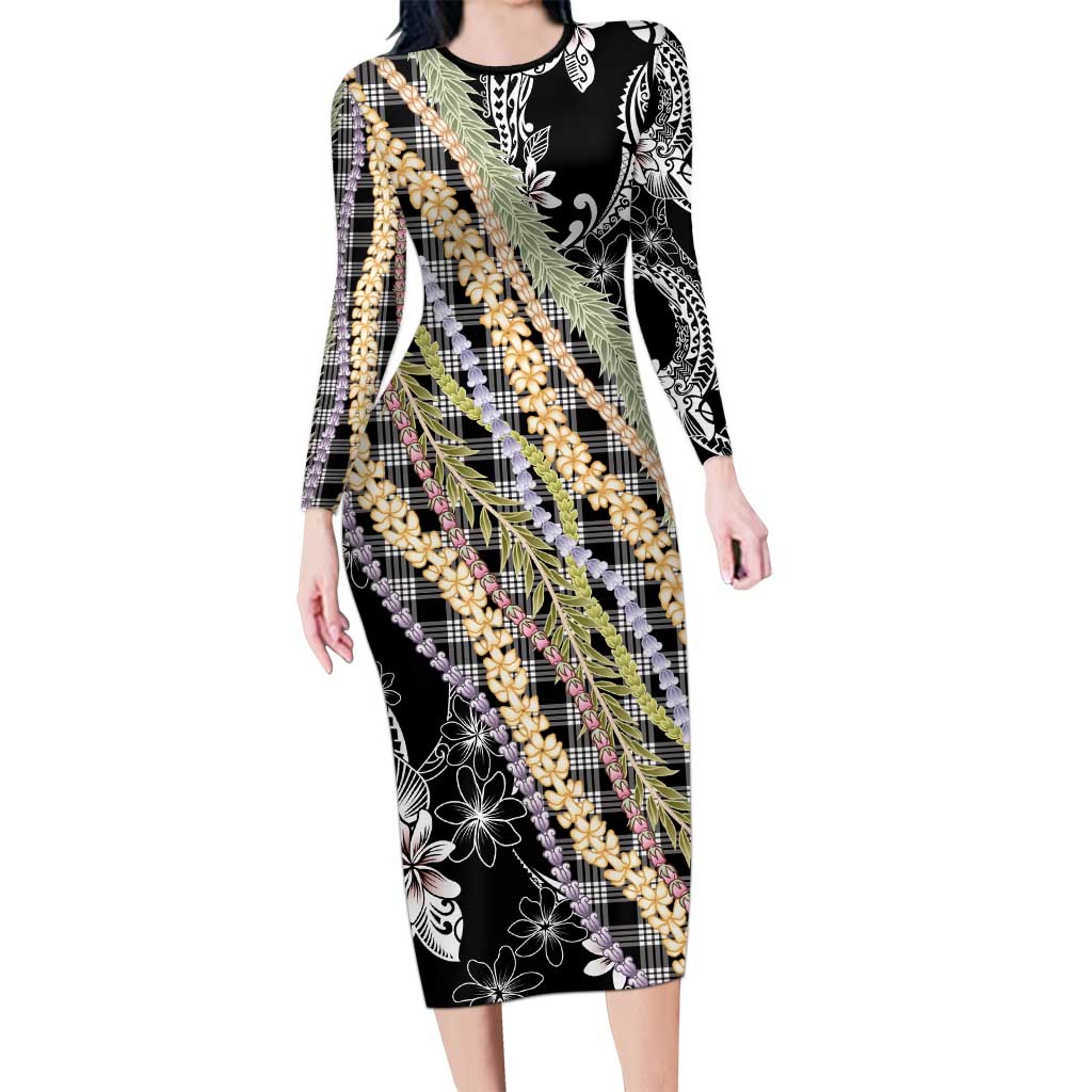 Black Palaka Hawaii Leis Long Sleeve Bodycon Dress Hawaiian-plaid Elegant Tropical Vibes - Polynesian Pride