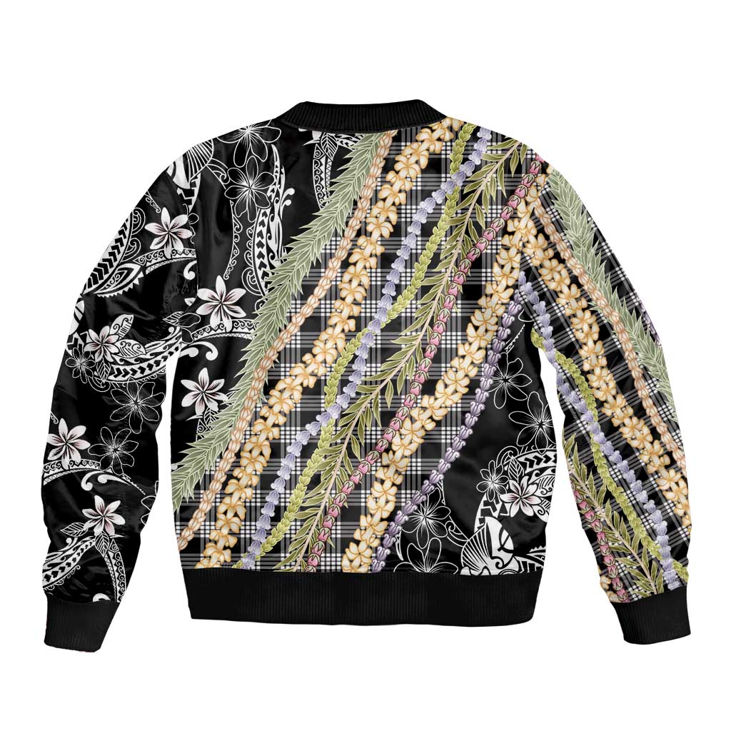 Black Palaka Hawaii Leis Sleeve Zip Bomber Jacket Hawaiian-plaid Elegant Tropical Vibes - Polynesian Pride