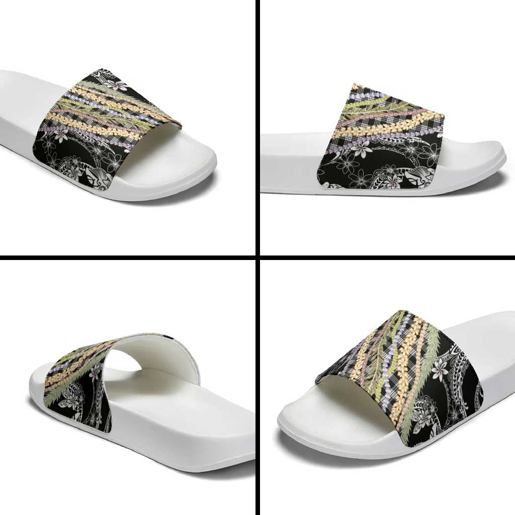 Black Palaka Hawaii Leis Slide Sandals Hawaiian-plaid Elegant Tropical Vibes - Polynesian Pride