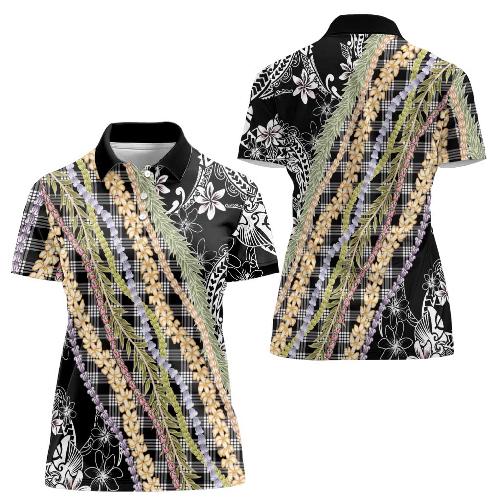 Black Palaka Hawaii Leis Women Polo Shirt Hawaiian-plaid Elegant Tropical Vibes - Polynesian Pride