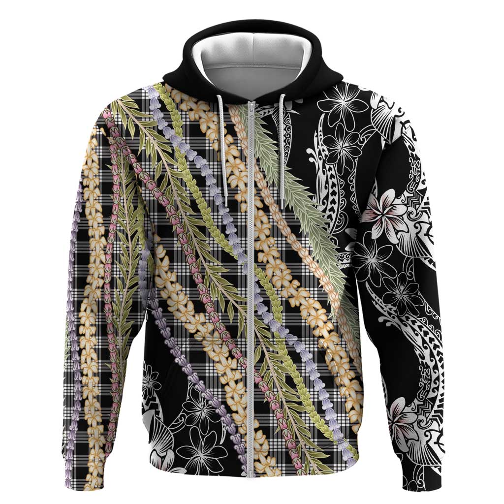 Black Palaka Hawaii Leis Zip Hoodie Hawaiian-plaid Elegant Tropical Vibes LT14 Zip Hoodie Black - Polynesian Pride