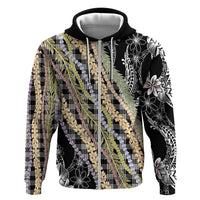 Black Palaka Hawaii Leis Zip Hoodie Hawaiian-plaid Elegant Tropical Vibes LT14 Zip Hoodie Black - Polynesian Pride