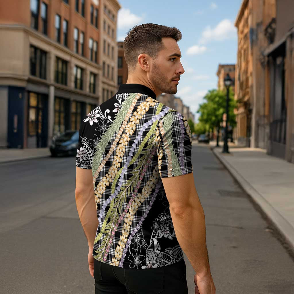 Black Palaka Hawaii Leis Zipper Polo Shirt Hawaiian-plaid Elegant Tropical Vibes - Polynesian Pride