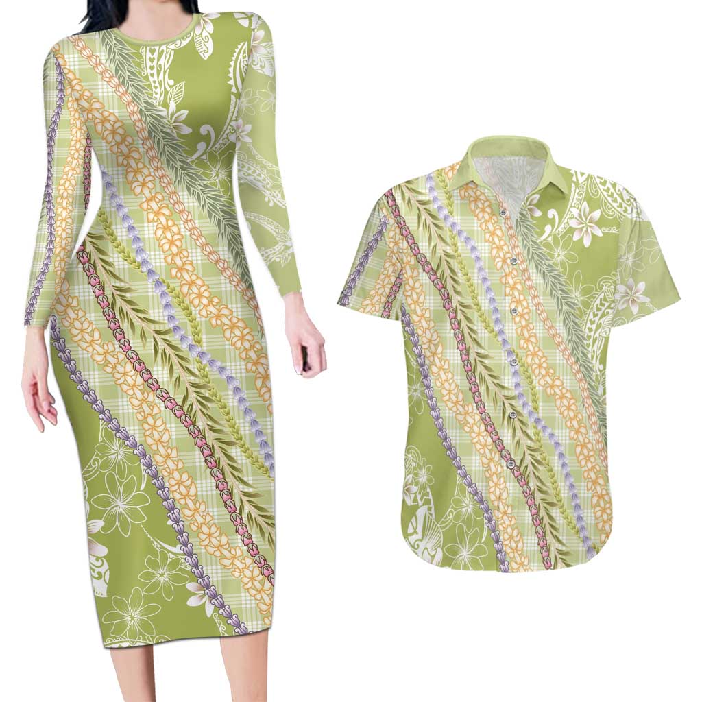 Green Palaka Hawaii Leis Couples Matching Long Sleeve Bodycon Dress and Hawaiian Shirt Hawaiian-plaid Elegant Tropical Vibes LT14 Green - Polynesian Pride