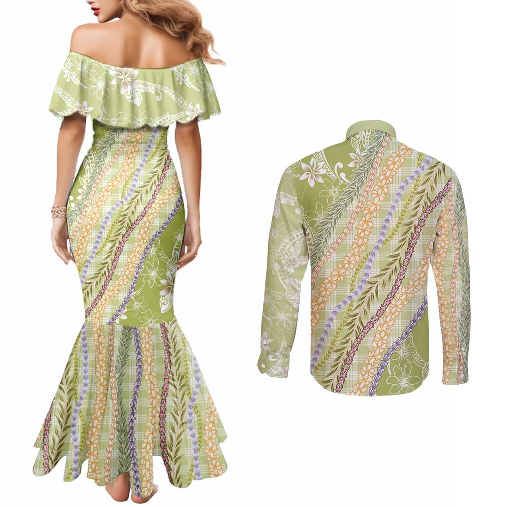Green Palaka Hawaii Leis Couples Matching Mermaid Dress and Long Sleeve Button Shirt Hawaiian-plaid Elegant Tropical Vibes - Polynesian Pride