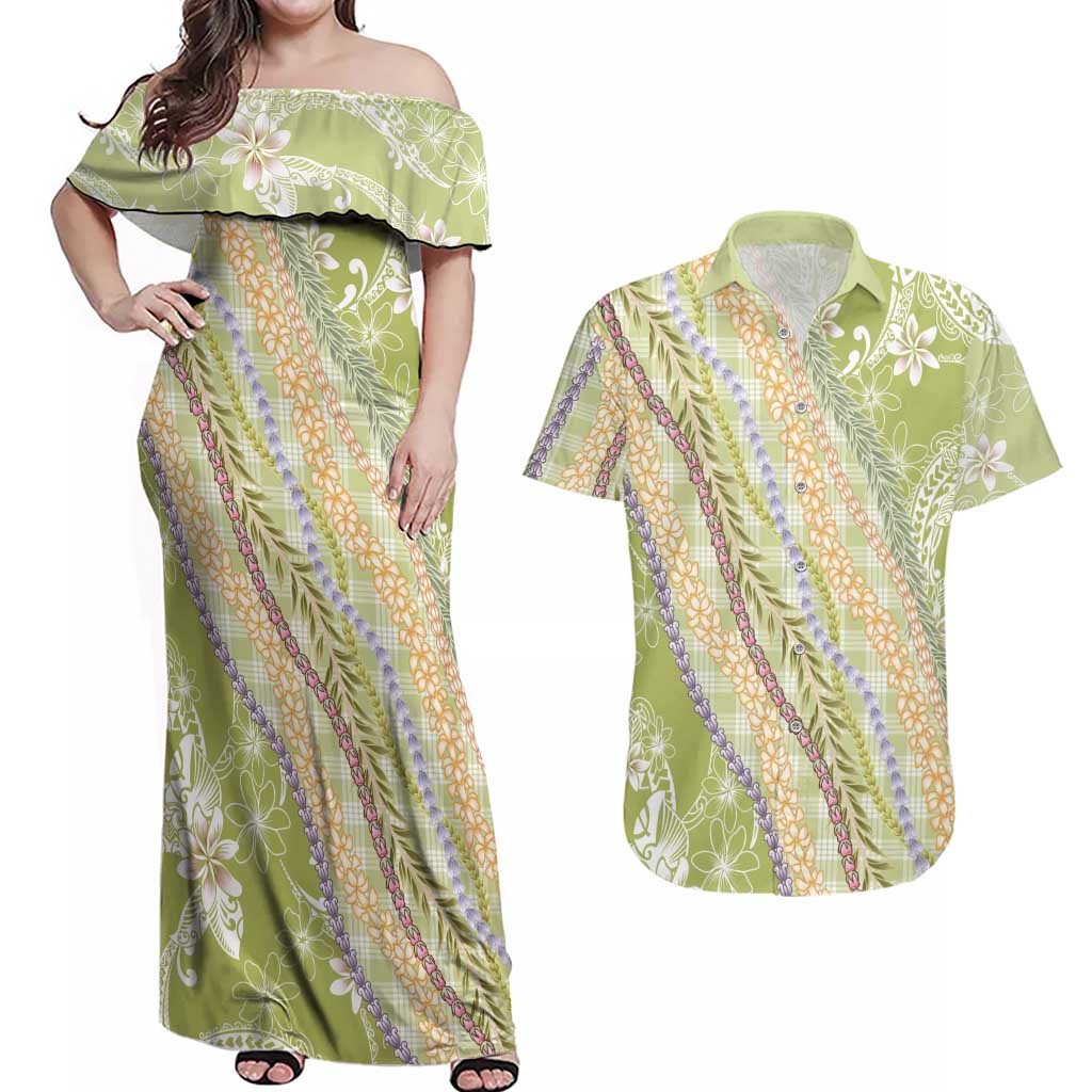 Green Palaka Hawaii Leis Couples Matching Off Shoulder Maxi Dress and Hawaiian Shirt Hawaiian-plaid Elegant Tropical Vibes - Polynesian Pride