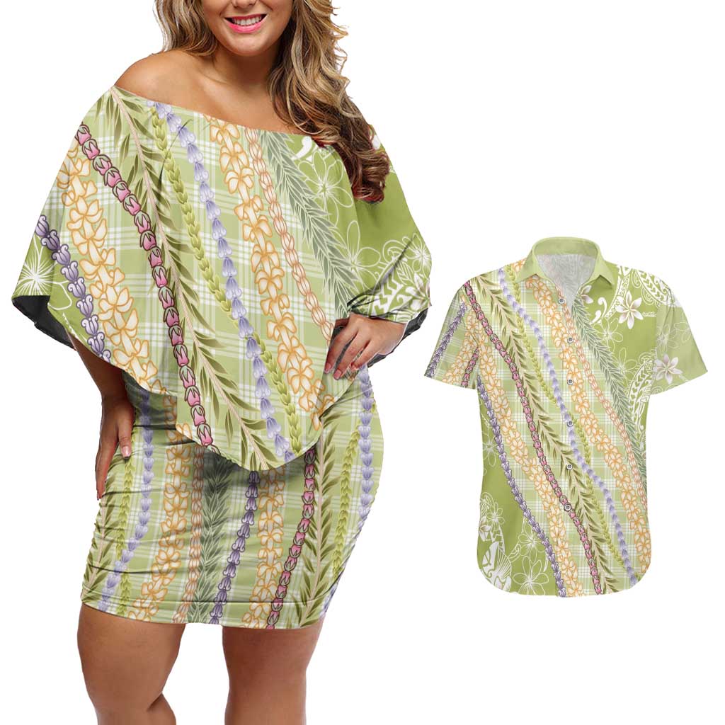 Green Palaka Hawaii Leis Couples Matching Off Shoulder Short Dress and Hawaiian Shirt Hawaiian-plaid Elegant Tropical Vibes - Polynesian Pride