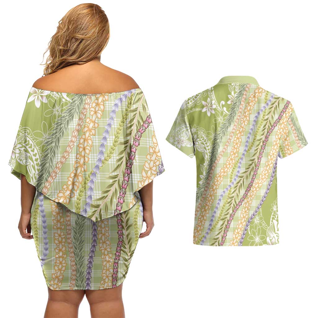 Green Palaka Hawaii Leis Couples Matching Off Shoulder Short Dress and Hawaiian Shirt Hawaiian-plaid Elegant Tropical Vibes - Polynesian Pride