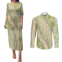 Green Palaka Hawaii Leis Couples Matching Puletasi and Long Sleeve Button Shirt Hawaiian-plaid Elegant Tropical Vibes - Polynesian Pride