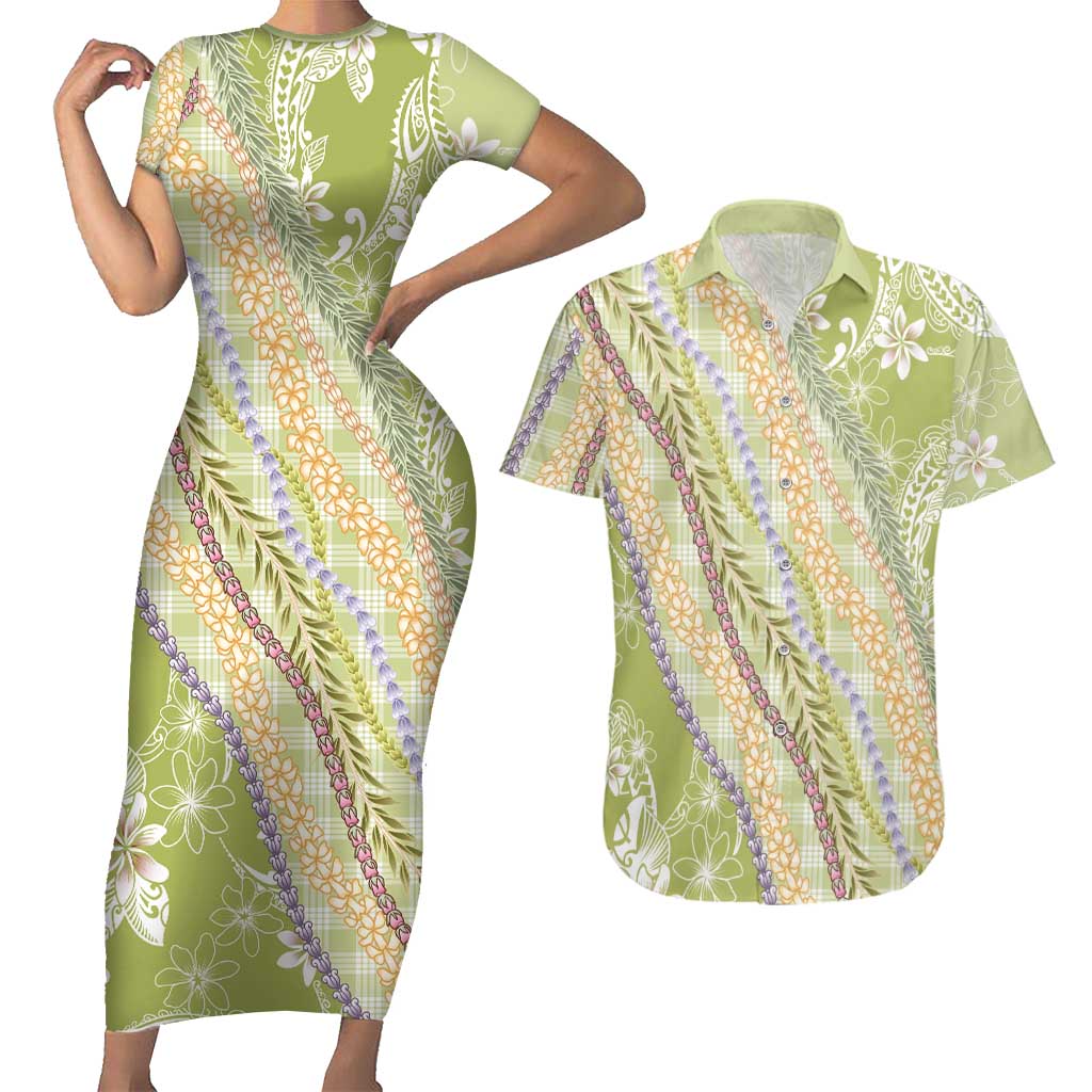 Green Palaka Hawaii Leis Couples Matching Short Sleeve Bodycon Dress and Hawaiian Shirt Hawaiian-plaid Elegant Tropical Vibes - Polynesian Pride