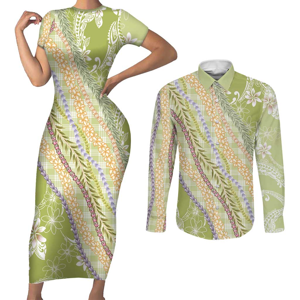 Green Palaka Hawaii Leis Couples Matching Short Sleeve Bodycon Dress and Long Sleeve Button Shirt Hawaiian-plaid Elegant Tropical Vibes - Polynesian Pride