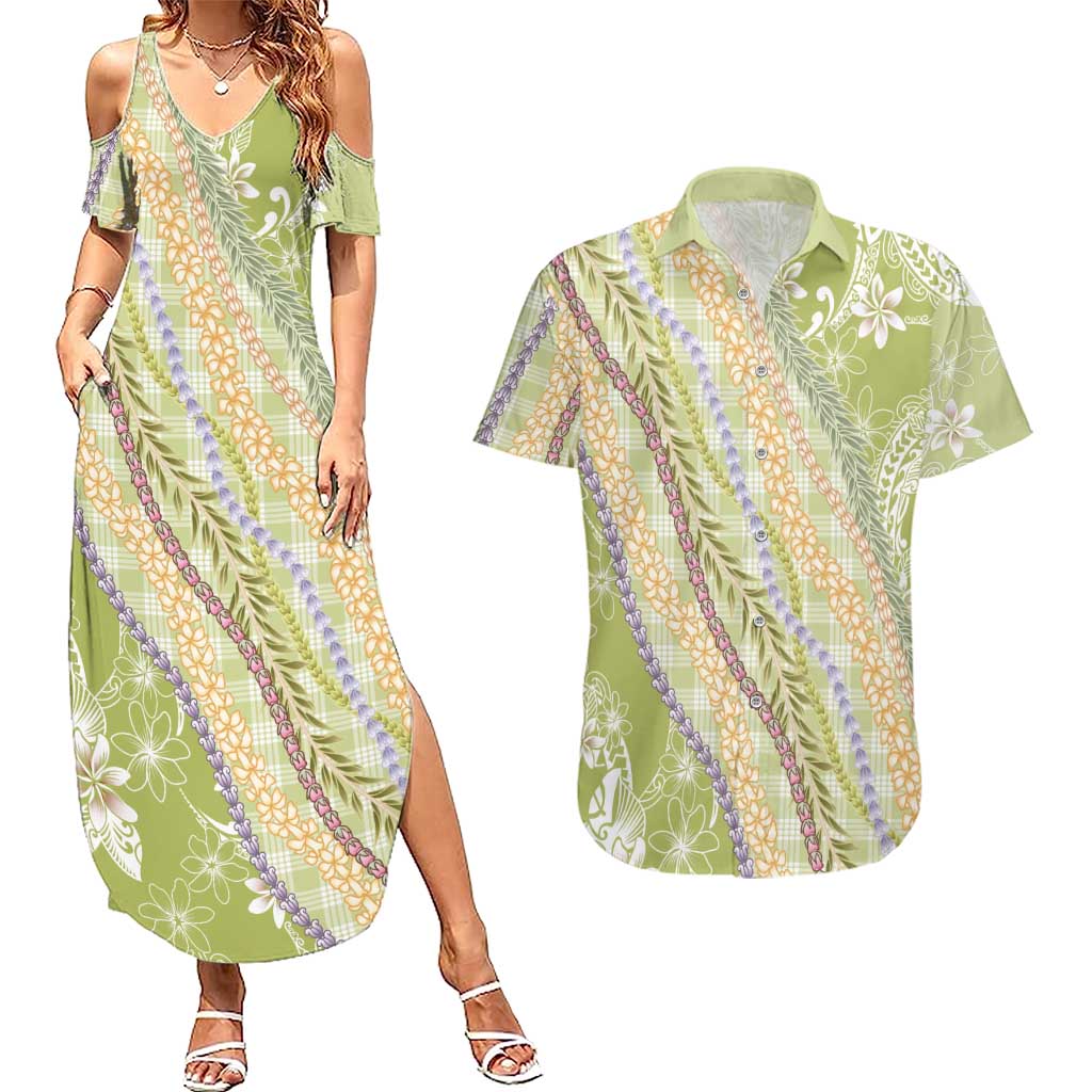 Green Palaka Hawaii Leis Couples Matching Summer Maxi Dress and Hawaiian Shirt Hawaiian-plaid Elegant Tropical Vibes - Polynesian Pride