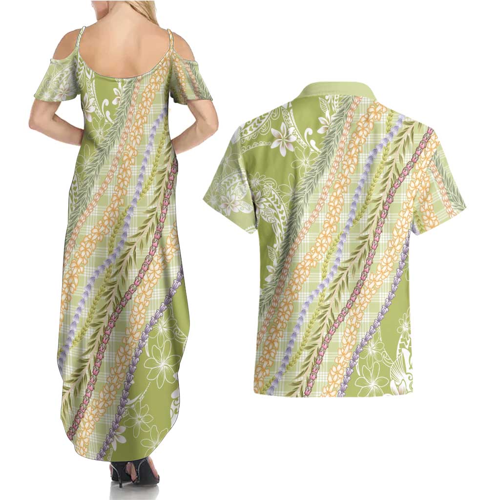 Green Palaka Hawaii Leis Couples Matching Summer Maxi Dress and Hawaiian Shirt Hawaiian-plaid Elegant Tropical Vibes - Polynesian Pride