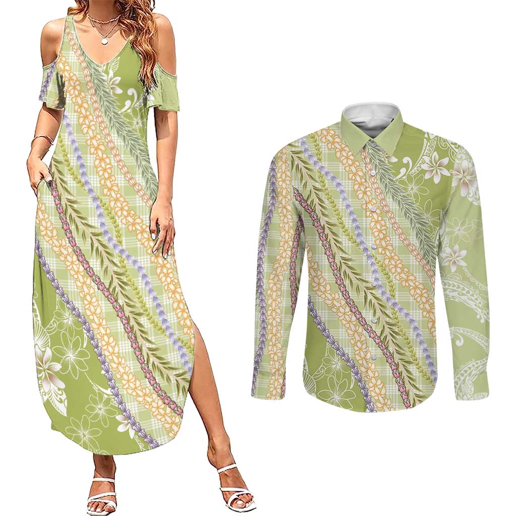 Green Palaka Hawaii Leis Couples Matching Summer Maxi Dress and Long Sleeve Button Shirt Hawaiian-plaid Elegant Tropical Vibes - Polynesian Pride