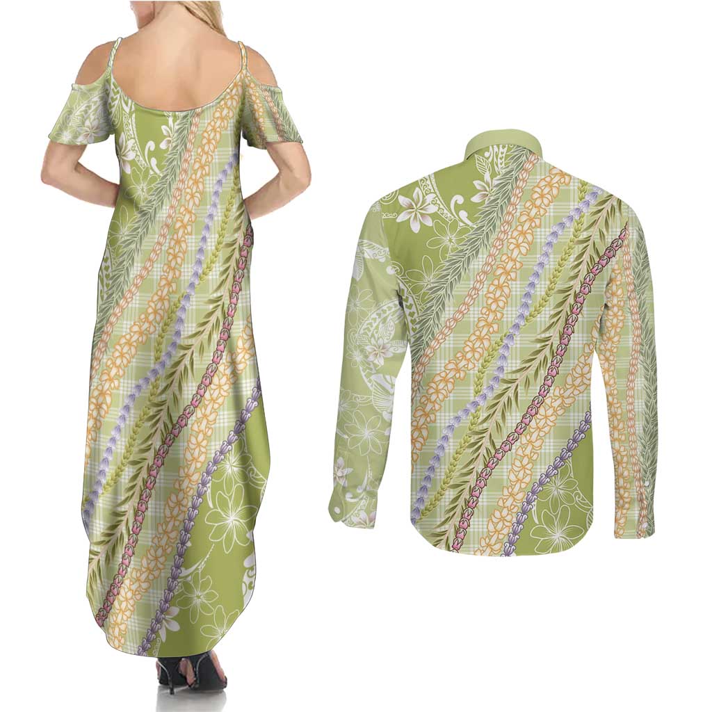 Green Palaka Hawaii Leis Couples Matching Summer Maxi Dress and Long Sleeve Button Shirt Hawaiian-plaid Elegant Tropical Vibes - Polynesian Pride