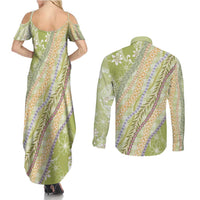 Green Palaka Hawaii Leis Couples Matching Summer Maxi Dress and Long Sleeve Button Shirt Hawaiian-plaid Elegant Tropical Vibes - Polynesian Pride