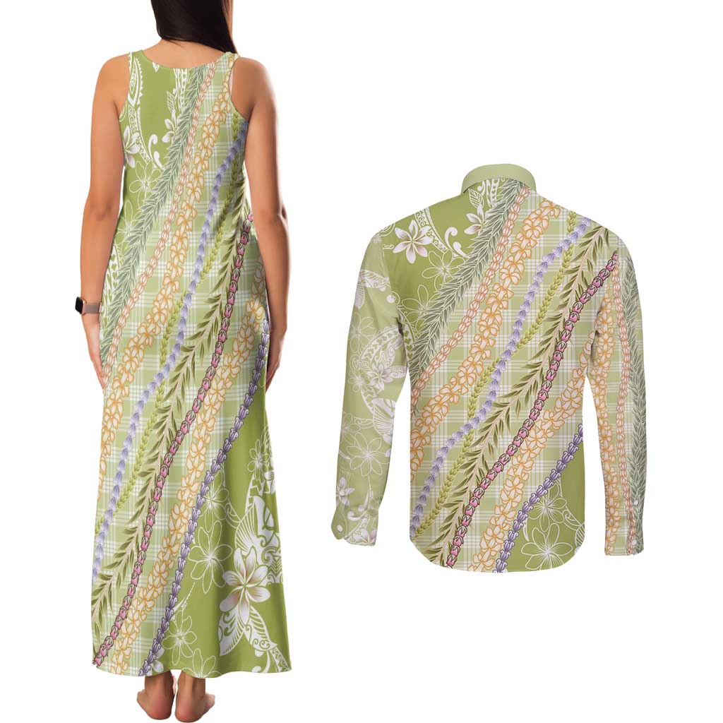 Green Palaka Hawaii Leis Couples Matching Tank Maxi Dress and Long Sleeve Button Shirt Hawaiian-plaid Elegant Tropical Vibes - Polynesian Pride